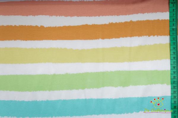 1,35m Reststück Jersey bedruckt Streifenparty Pastellfarben